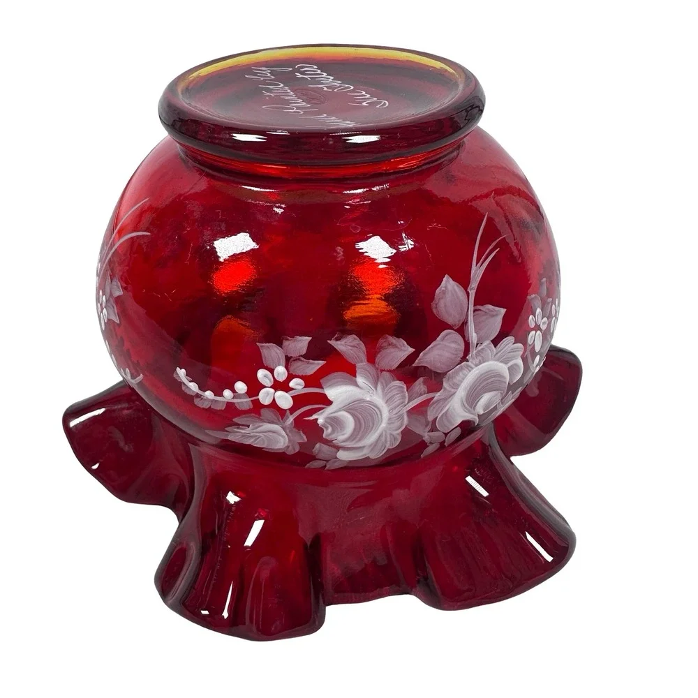 Fenton Ruby Red Glass Ruffled Rose Bowl Painted White Roses Sue Foster Glows UV